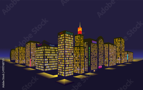 Abstract night city building scene, vector illustration. Urban background. Abstract futuristic city. Modern skyscrapers with light in flats. Prospect