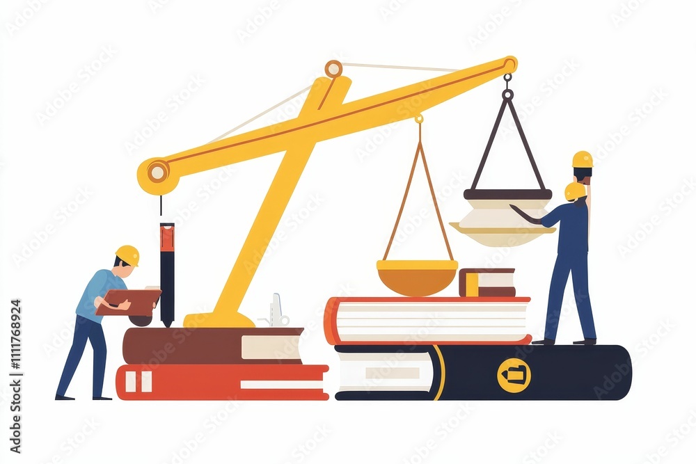 Workers operate crane weighing books, scales. Workers operate crane weighing books, scales.