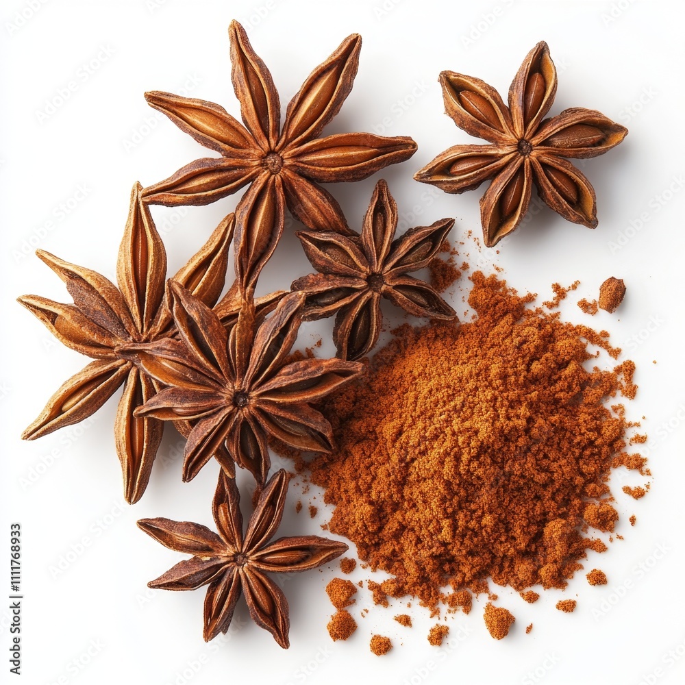 Star Anise Spice with Ground Powder on White Background Star Anise Spice with Ground Powder on White Background