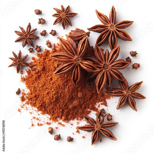 Star Anise Spice with Ground Powder on White Background