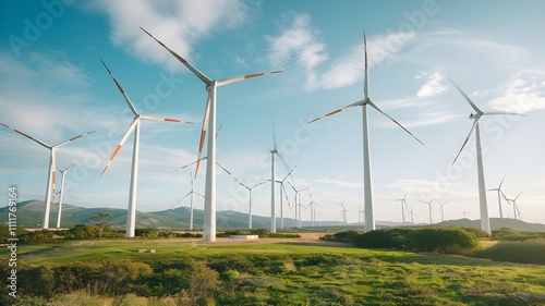 wind turbines farm in the field, renewable sustainable energy for clean environment zero carbon climate change