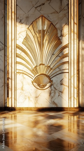 Modern Luxury Design with Gold Fan Motif and Sunlit Marble Details - made with Generative AI photo