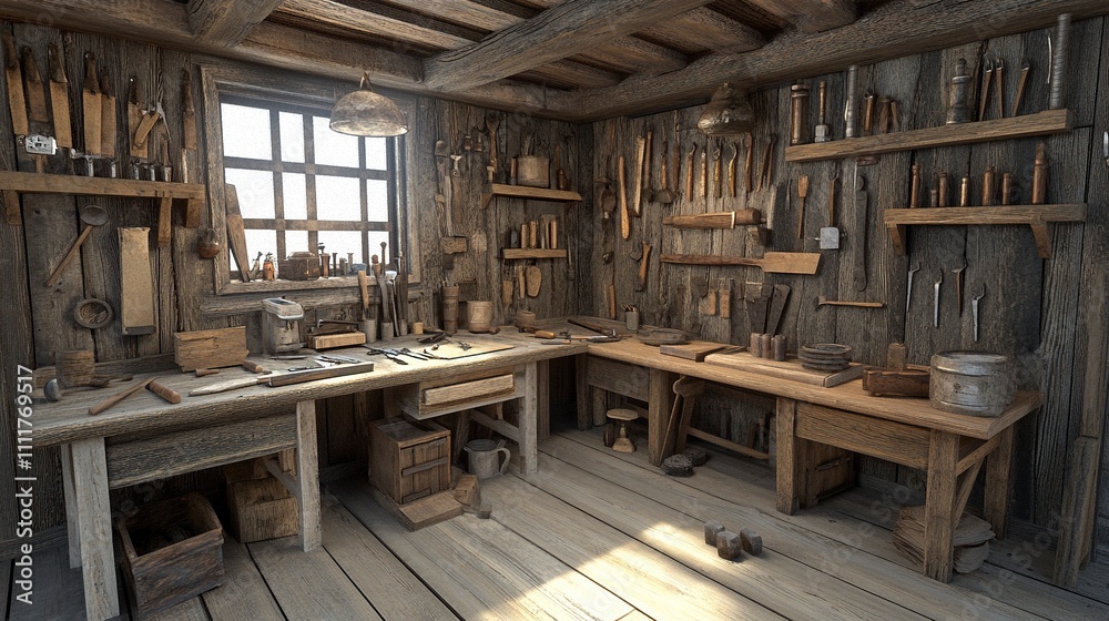 The fully equipped carpentry workshop displays various tools hanging on the wooden walls and on the tables, such as hammers, saws, screwdrivers, nails, squares, etc. depicting a traditional craftsman The fully equipped carpentry workshop displays various tools hanging on the wooden walls and on the tables, such as hammers, saws, screwdrivers, nails, squares, etc. depicting a traditional craftsman