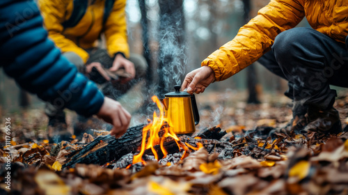 Camping enthusiasts enjoy making coffee over campfire in woods