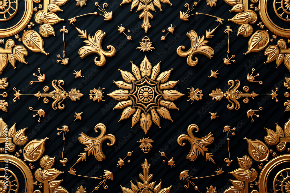 ornate baroque pattern with gold and white accents on a dark background,