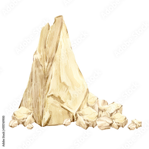 Triangular piece of pormesan cheese isolated on background. Watercolor dairy product. Hard cheese, ingredient of Italian and French cuisine. Illustration for farm product packaging.