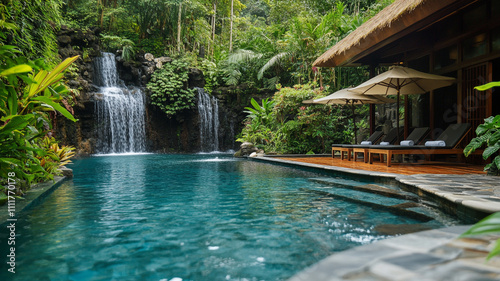 Relaxing retreat by the cascading waterfall in a tropical pool setting