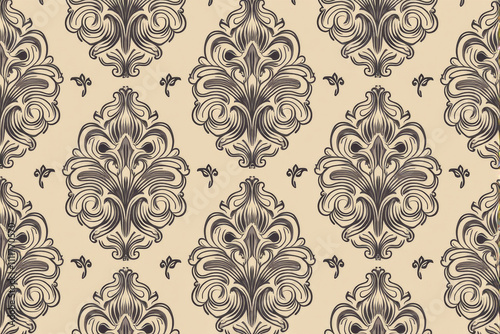 An intricate and ornate pattern with a vintage and baroque feel. The use of rich colors like burgundy, gold, and cream creates a sense of luxury and elegance photo