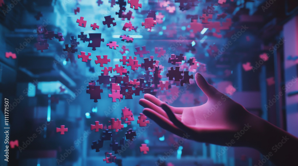 Digital puzzle hologram on a hand. Success solution concept. Abstract jigsaw pieces on technology blue background in futuristic low poly wireframe style. Human palm-holding puzzle. Vector illustration Digital puzzle hologram on a hand. Success solution concept. Abstract jigsaw pieces on technology blue background in futuristic low poly wireframe style. Human palm-holding puzzle. Vector illustration