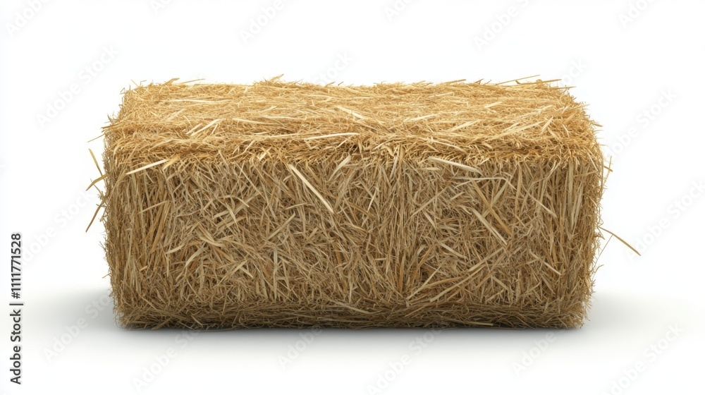 A compressed square straw bale lying diagonally on a seamless white background, showcasing its detailed texture A compressed square straw bale lying diagonally on a seamless white background, showcasing its detailed texture