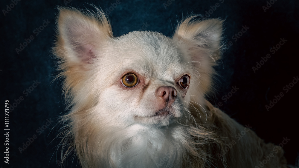 close-up portrait of a dog of the Chihuahua breed of fawn color with a brown nose on a black background close-up portrait of a dog of the Chihuahua breed of fawn color with a brown nose on a black background