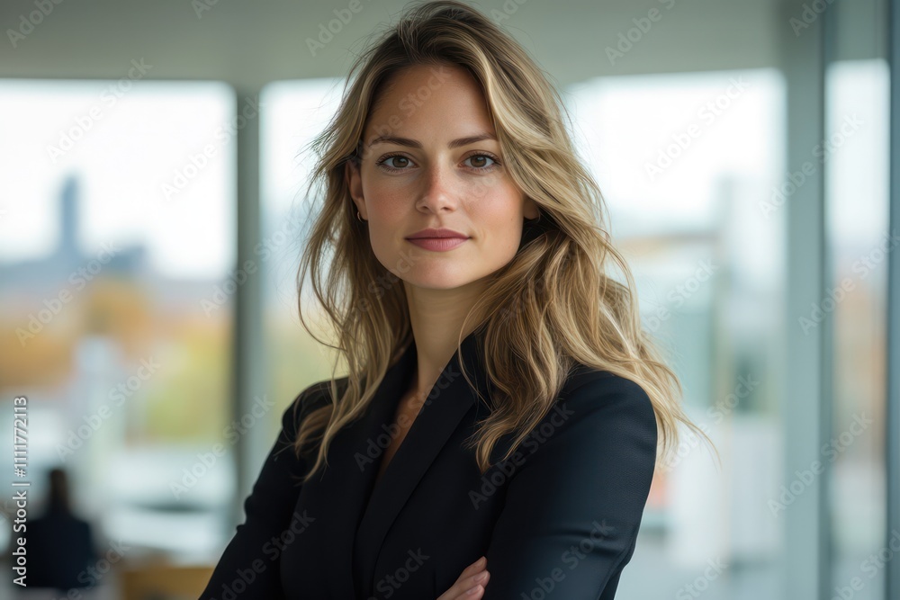 confident businesswoman in a sleek black suit, standing with arms crossed in front of a modern office confident businesswoman in a sleek black suit, standing with arms crossed in front of a modern office