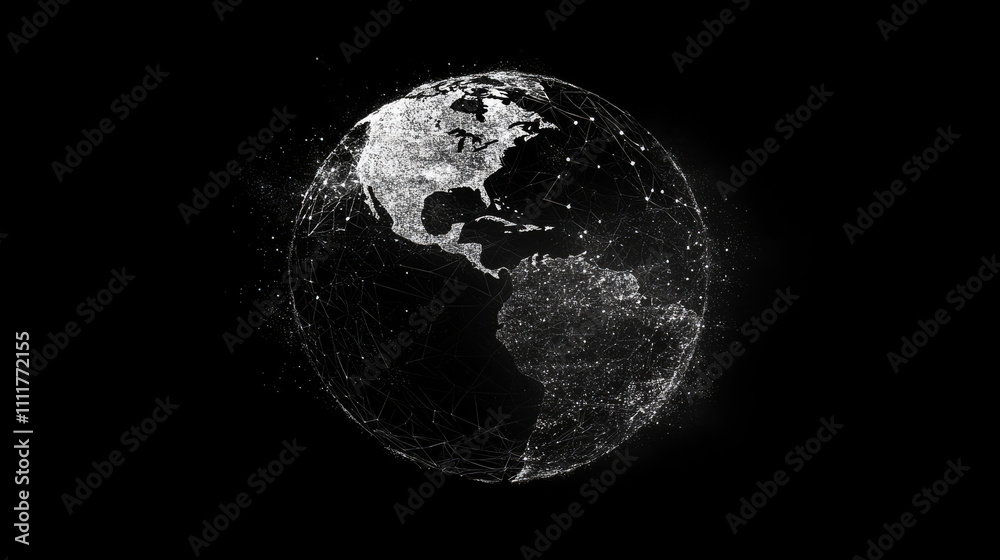 Abstract mash line and point of Globe origami on black background with an inscription. Polygonal image of Planet Earth with distruction effect. Vector world illustration. Glitch title.