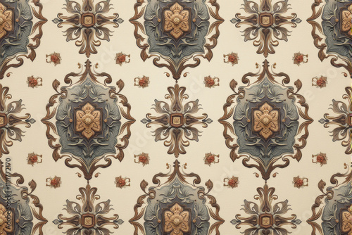 An intricate and ornate pattern with a vintage and baroque feel. The use of rich colors like burgundy, gold, and cream creates a sense of luxury and elegance photo