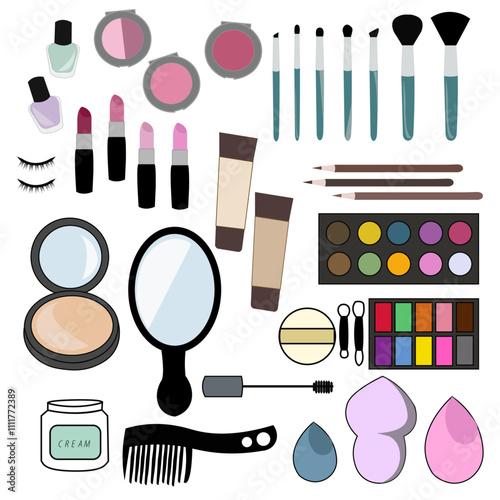 a compleate set of women's make up tools vector