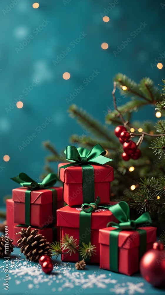 Christmas blue background with a side view of red Christmas gifts featuring green ribbons, surrounded by pine cones and festive decorations, vertical orientation. Christmas blue background with a side view of red Christmas gifts featuring green ribbons, surrounded by pine cones and festive decorations, vertical orientation.