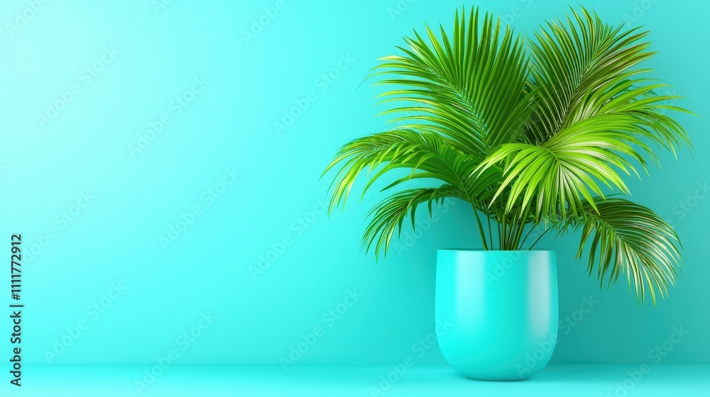 Modern Minimalist Interior Palm Plant in Teal Pot Turquoise Room Modern Minimalist Interior Palm Plant in Teal Pot Turquoise Room