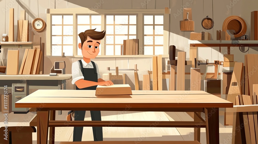 Carpenter cartoon character making wooden boards to make wooden furniture in studio. Carpenter character illustration, professional worker. Carpenter cartoon character making wooden boards to make wooden furniture in studio. Carpenter character illustration, professional worker.