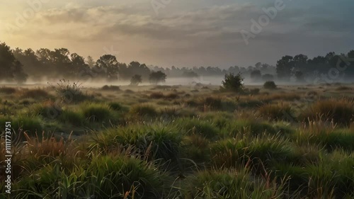 Animation of Misty Grasslands. Calm and tranquil silence over mist-covered grasslands, creating a peaceful and serene atmosphere. Realistic motion. photo
