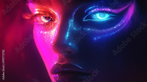 A woman's face is painted with neon colors and glitter