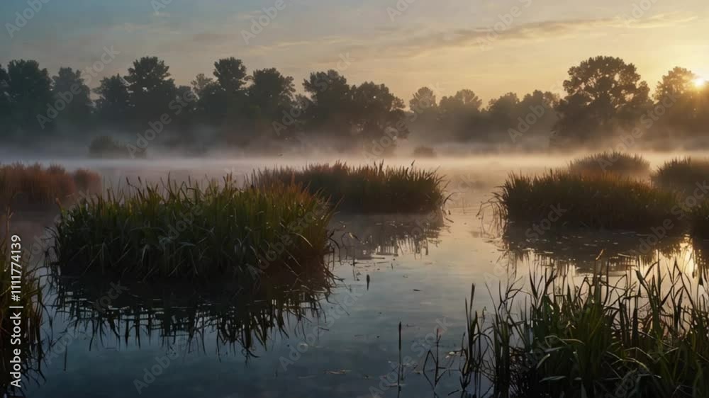 Animation of Fog-Laden Reeds. Tranquil stillness of daybreak with thick fog hanging over the reeds, creating a calm and serene landscape. Realistic motion. Animation of Fog-Laden Reeds. Tranquil stillness of daybreak with thick fog hanging over the reeds, creating a calm and serene landscape. Realistic motion.