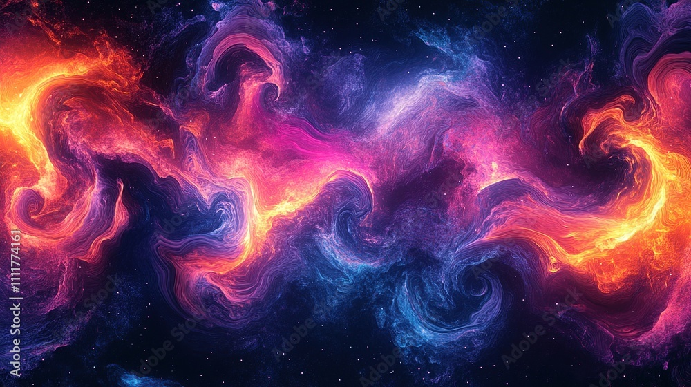 A vibrant cosmic scene with swirling colors and nebula-like formations in a starry background. A vibrant cosmic scene with swirling colors and nebula-like formations in a starry background.
