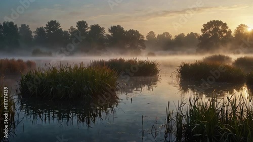 Animation of Fog-Laden Reeds. Tranquil stillness of daybreak with thick fog hanging over the reeds, creating a calm and serene landscape. Realistic motion. photo