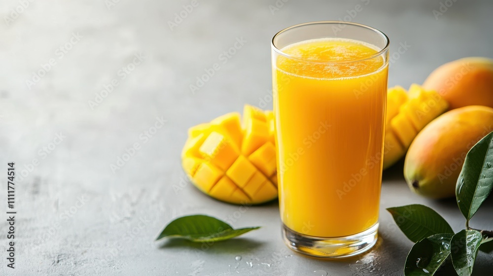 Tall glass of fresh mango juice with diced mango
