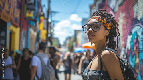 Young woman in stylish eyewear strolls through a vibrant street market on a sunny day photo