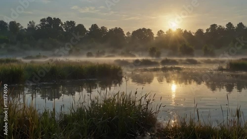 Animation of Morning Stillness in the Mist. Soft mist covering a field of reeds in the early morning, creating a serene and tranquil atmosphere. Realistic motion. photo