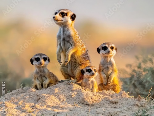 A family of meerkats standing alert on a desert mound, their curious eyes scanning the horizon