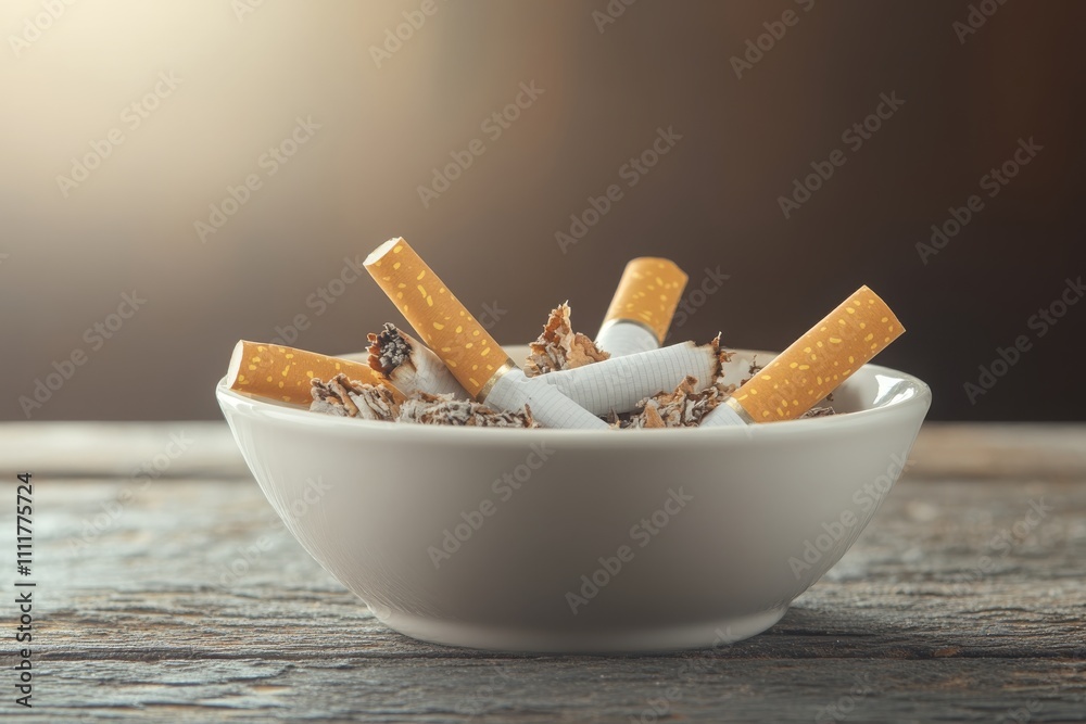A Close-Up View of an Ashtray Filled with Used Cigarettes on a Rustic Wooden Table, Highlighting the Impact of Smoking on Health and Environment A Close-Up View of an Ashtray Filled with Used Cigarettes on a Rustic Wooden Table, Highlighting the Impact of Smoking on Health and Environment