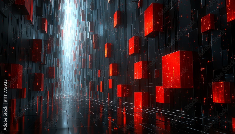 Naklejka premium Abstract Red Cubes Corridor Digital Art