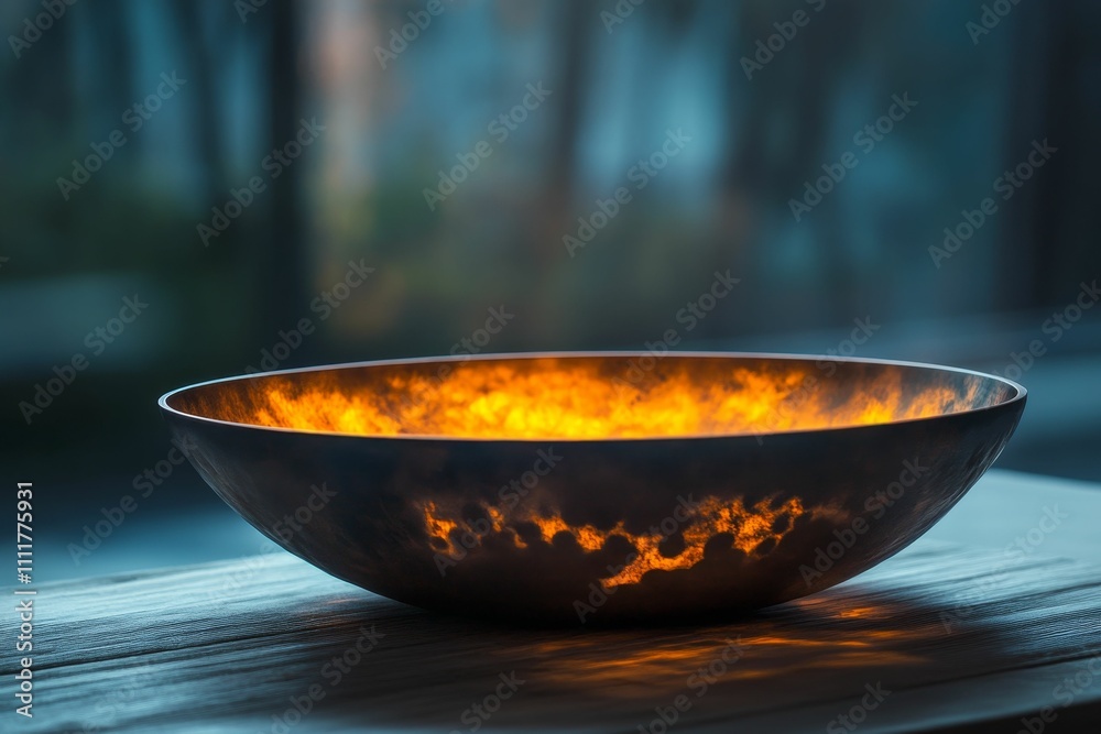 Dark bowl, glowing orange interior, sits on wood.