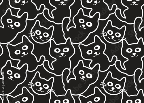 Cat, line art. seamless pattern for decorating all fashion designs, fabrics, wallpapers and prints. on a Black  color background