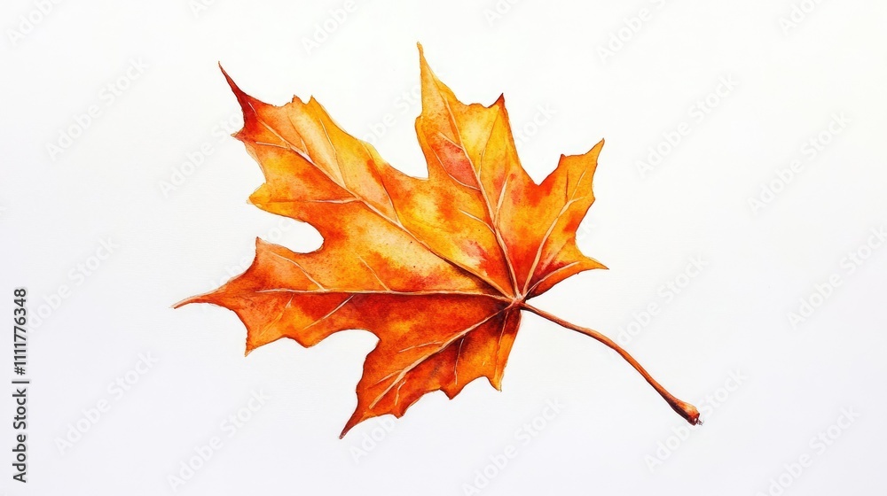Fototapeta premium Artistic watercolor painting of an autumn maple leaf in vivid orange hues, floating against a clean white backdrop