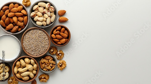 Healthy Nuts Seeds and Plant Milk in Bowls