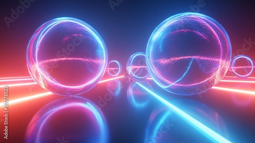 Futuristic abstract 3D rendering with glowing neon spheres and lines.