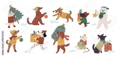 Christmas dogs, different breeds, with gifts, festive decoration and Christmas tree. Funny baby animals with holiday decor. Flat vector illustration