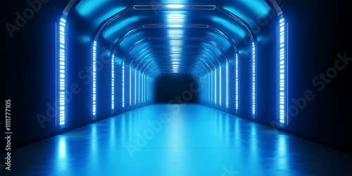 3D render of a glowing blue spotlights tunnel Flying inside a room with bright dynamic floodlights Shining beams illuminate the space perfect for futuristic or eventrelated designs, Generative Ai photo