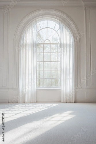 An empty room with white walls  a large arched window and sheer curtains
