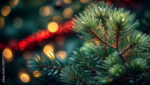 Magical Christmas Pine Needles with Glowing Bokeh Lights – Festive Holiday Nature Background