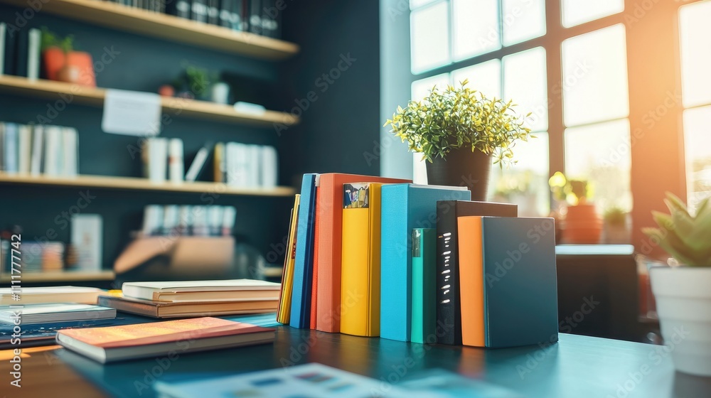 Colorful books arranged on a desk in a brightly lit modern office, showcasing a creative and vibrant workspace Colorful books arranged on a desk in a brightly lit modern office, showcasing a creative and vibrant workspace