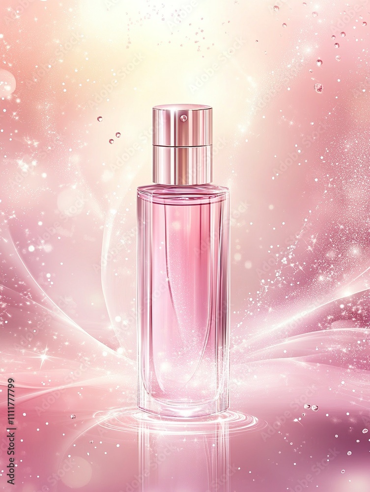 Cosmetic or skin care product advertisement with luxury glass bottle, banner ad for beauty product, pink background with sparkling light effect. Cosmetic or skin care product advertisement with luxury glass bottle, banner ad for beauty product, pink background with sparkling light effect.