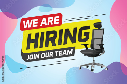 Hiring recruHiring recruitment design for banner poster. We are hiring join our now lettering with chair icon logo sign Vector illustration typographic. Open vacancy template

