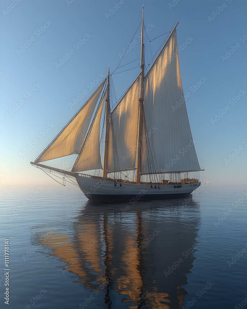 Classic sailboat on calm ocean at sunset, reflecting in water. Classic sailboat on calm ocean at sunset, reflecting in water.
