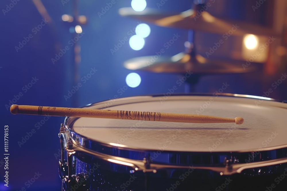 Obraz premium Drumstick rests on snare drum, blurred stage lights.