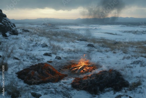 Snowy landscape, campfire, two furry rugs.