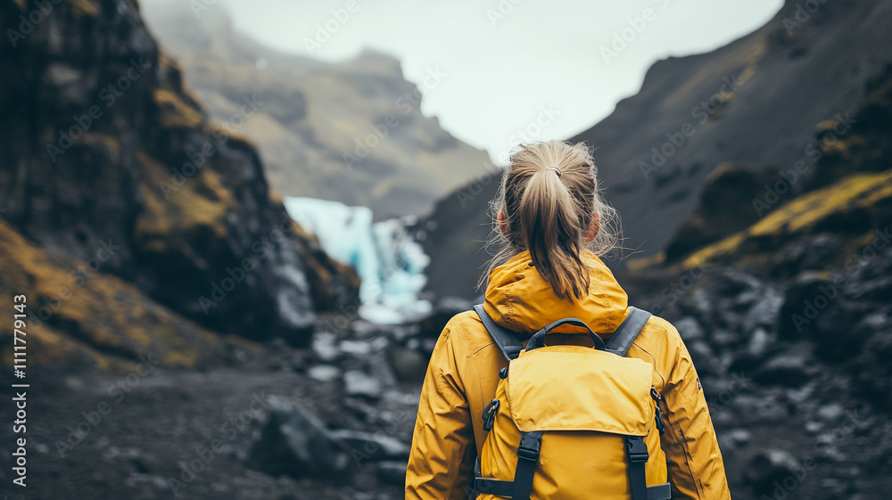 Hiker exploring a rugged landscape with a waterfall in the distance on an overcast day Hiker exploring a rugged landscape with a waterfall in the distance on an overcast day