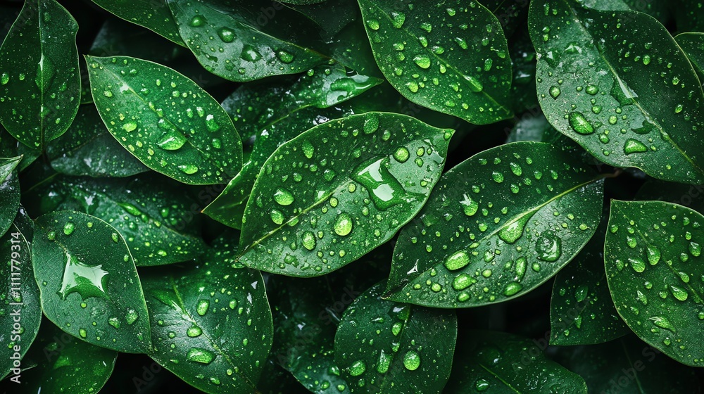 Close-up of lush green leaves with water droplets after rain. Close-up of lush green leaves with water droplets after rain.